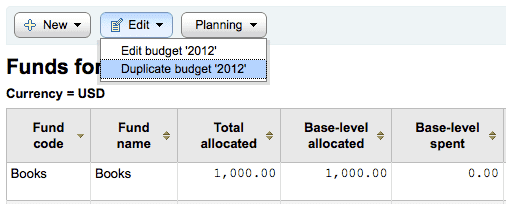 Koha Duplicate a budget