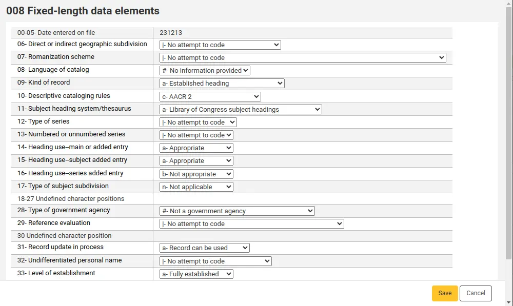 MARC21 008 value builder for authority records