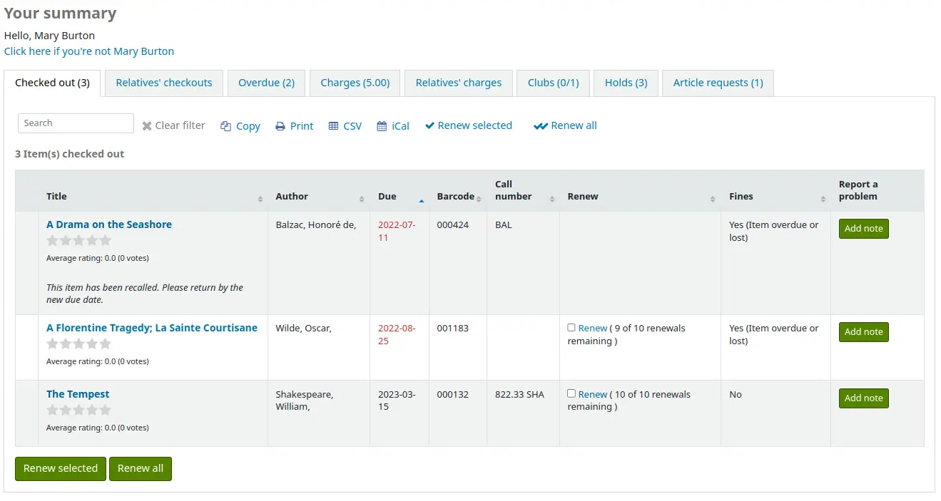 Patron's 'Your summary' page with AllowCheckoutNotes enabled, there is a column titled 'Report a problem' in the checkouts table, with a button 'Add note' for each checkout