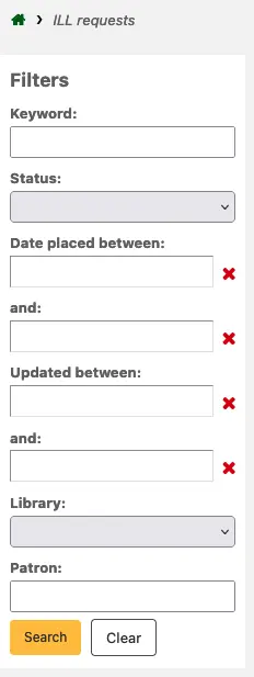 ILL requests filters; shows options for keyword, status, date placed between, updated between, library, patron.
