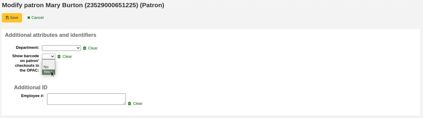 Example of modifying patron attributes in a patron's file. The mouse cursor is on the 'Yes' option for "Show barcode on patron's checkouts in the OPAC"