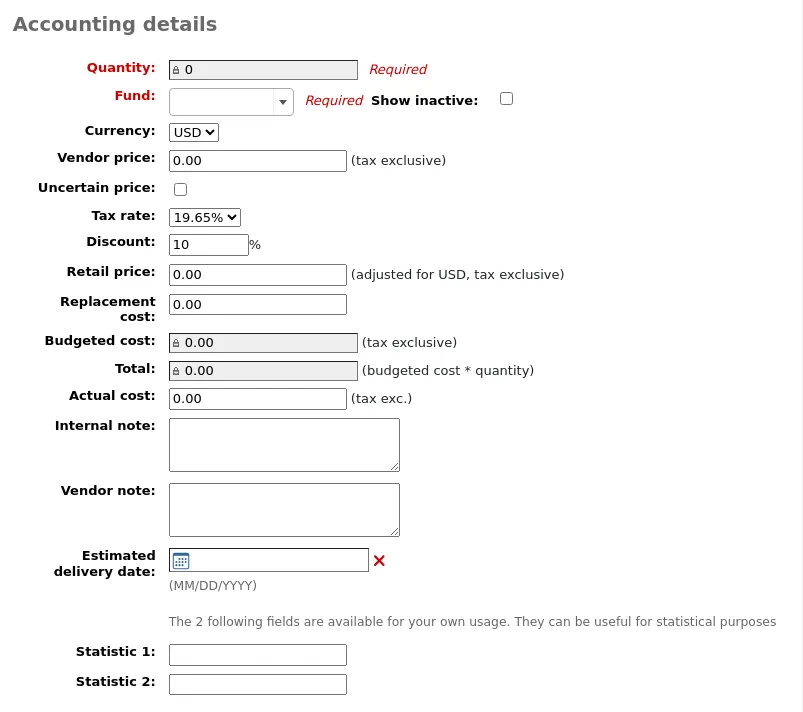 Accounting details section of the order form
