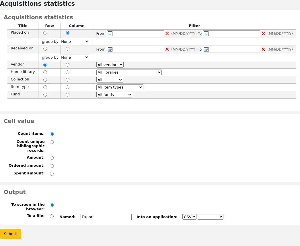 Using the form provided, choose which value you would like to appear in the column and which will appear in the row.