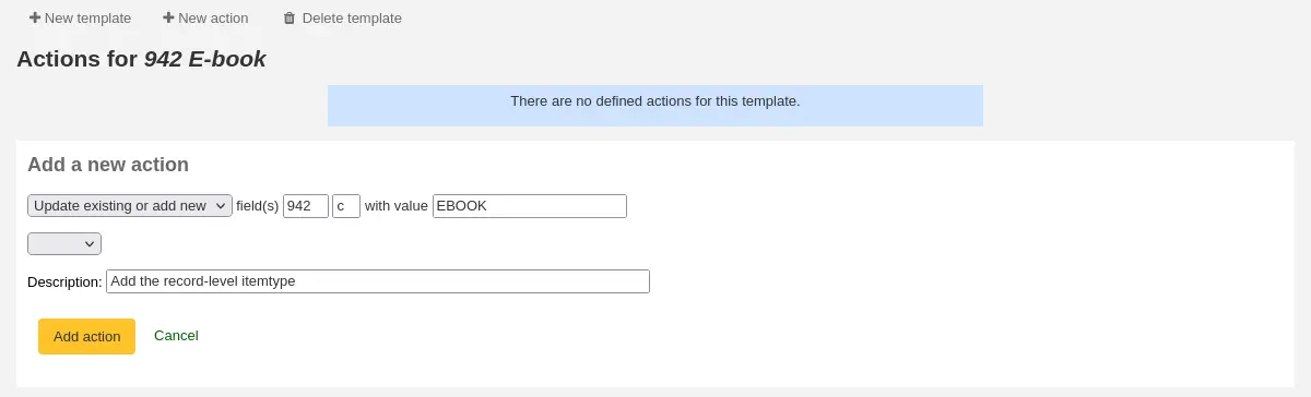 Add a new action box where the following values are chosen: Update existing or add new field(s) 942 c with value EBOOK Description: Add the record-level itemtype