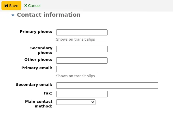 The Contact information section of the new patron form