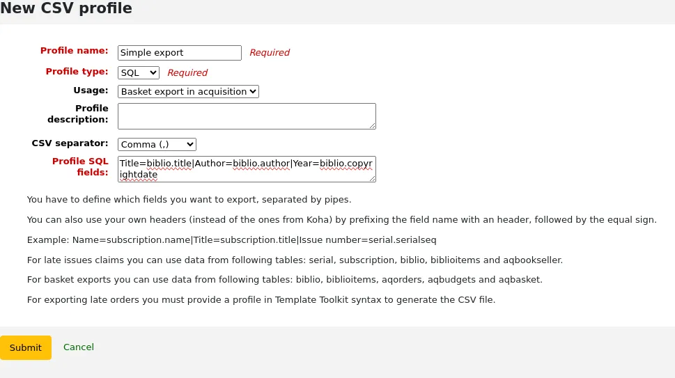 Add new CSV profile form filled with SQL information