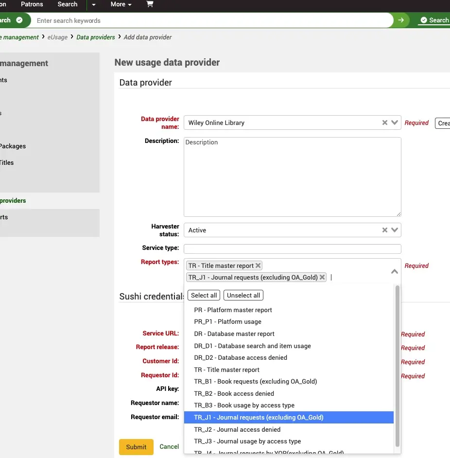 In the Add data provider screen, the Report types dropdown list is open. The options for 'TR - Title master report' and 'TR_J1 - Journal requests (excluding OA_Gold)' are already selected.