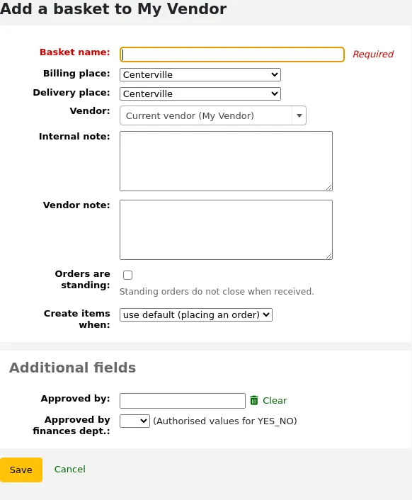 New basket form with additional fields at the bottom