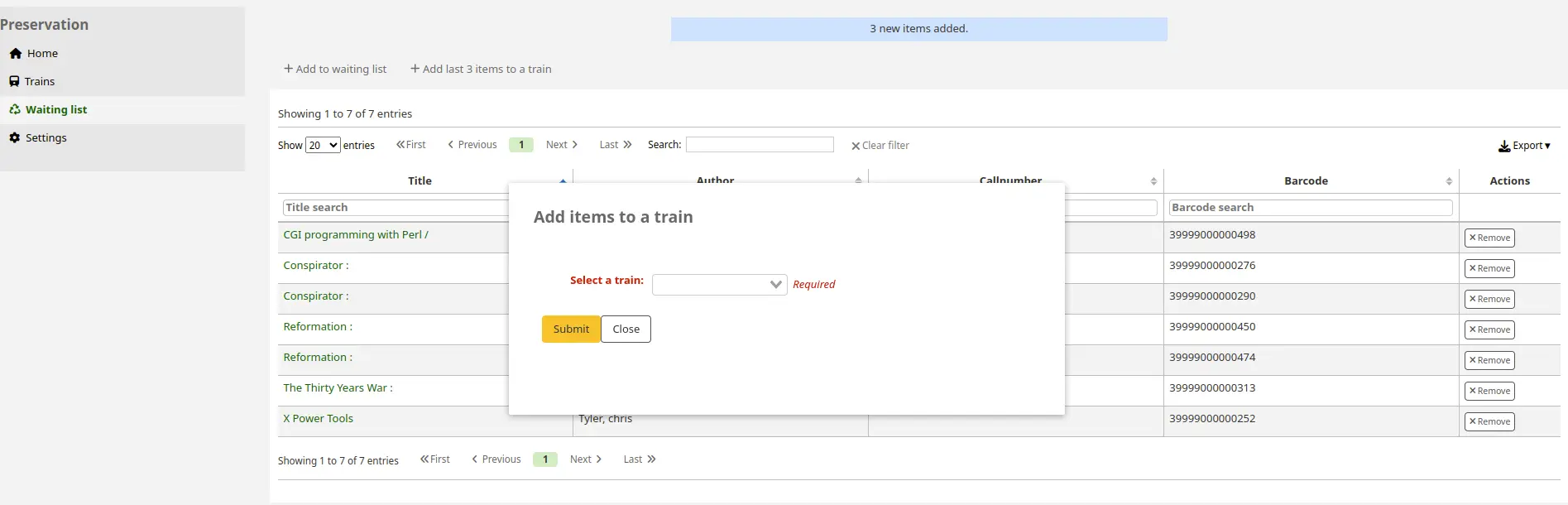 pop-up window to add the last added items to the waiting list into a train