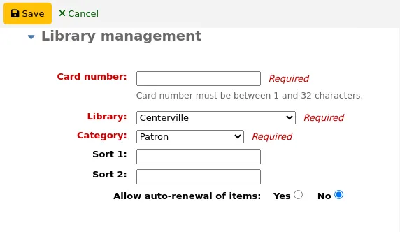 'Library management' section of the patron form