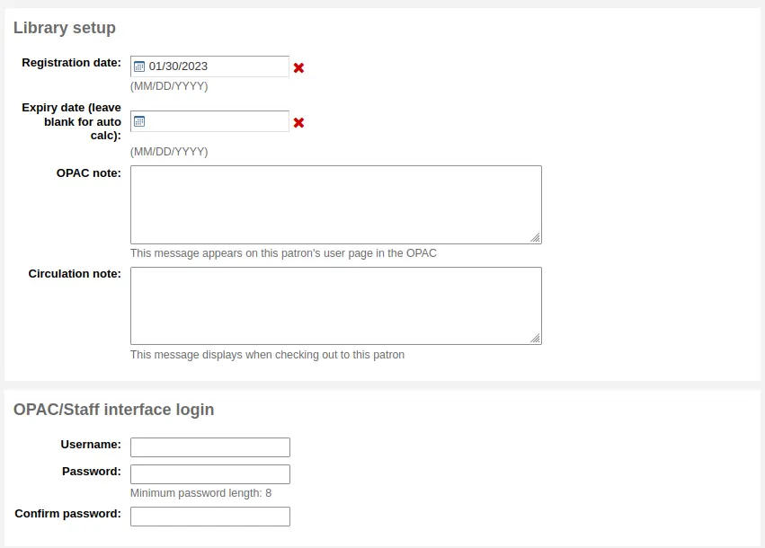 'Library set-up' and 'OPAC/Staff login' sections of the patron form
