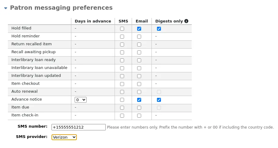 'Patron messaging preferences' section of the patron form