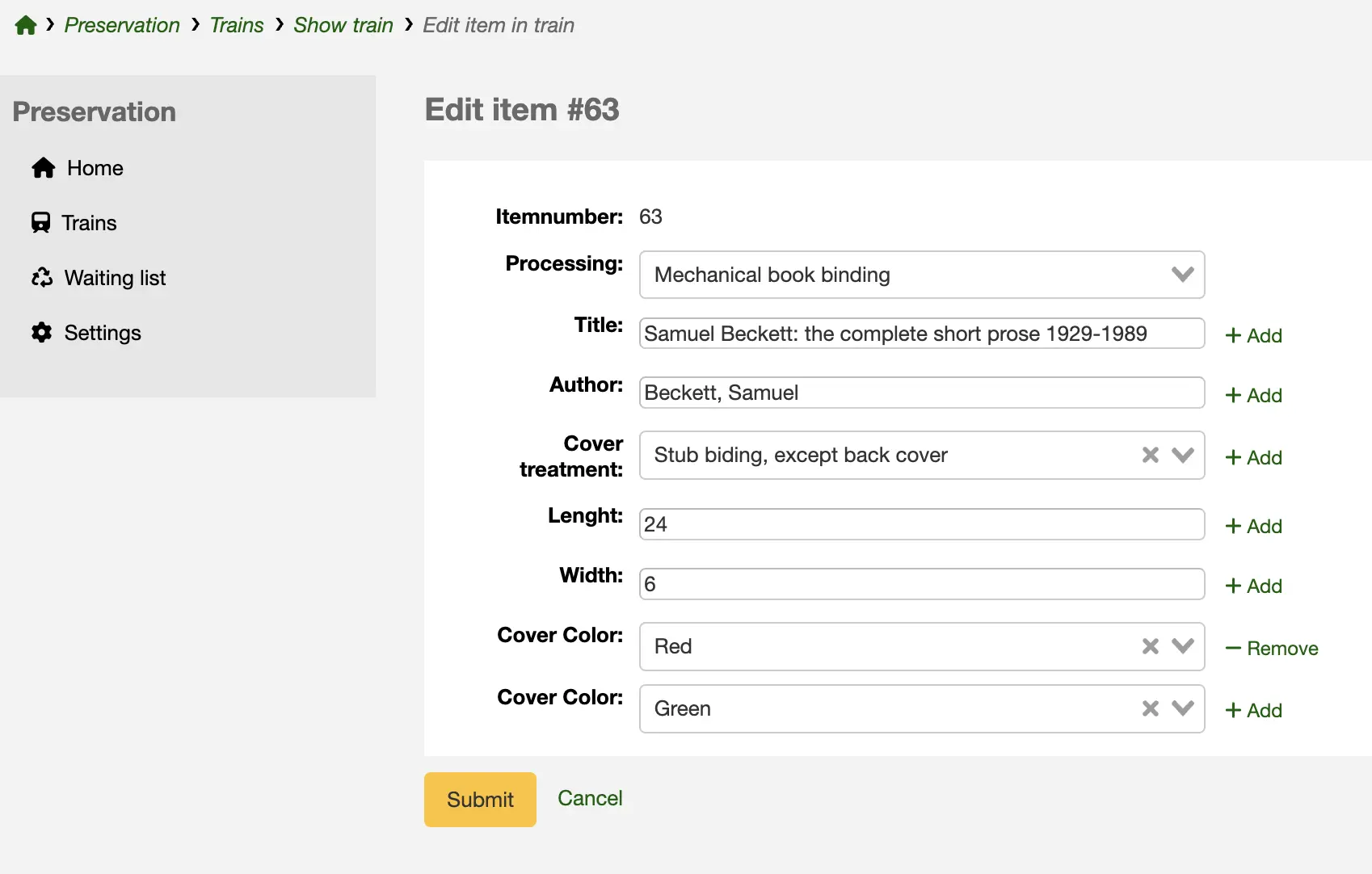 item form showing multivalued attributes