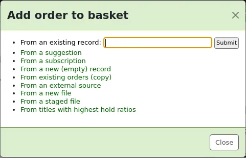 The different options for adding materials to the basket