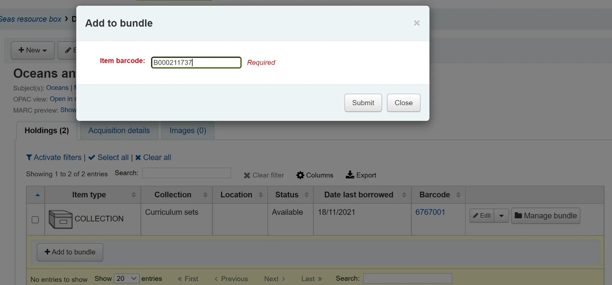 'Add to bundle' pop-up, with a field to enter a barcode