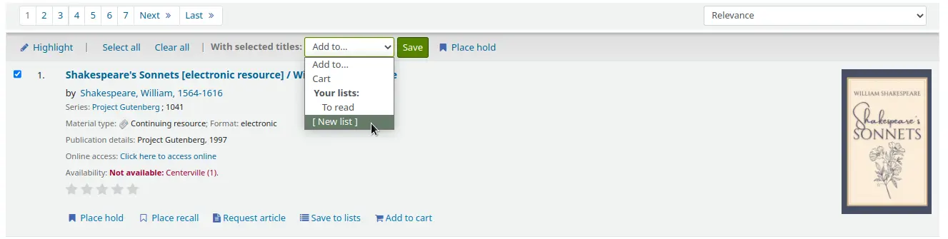 In search results in the OPAC, With selected results dropdown menu is open and the mouse cursor is on the New list option