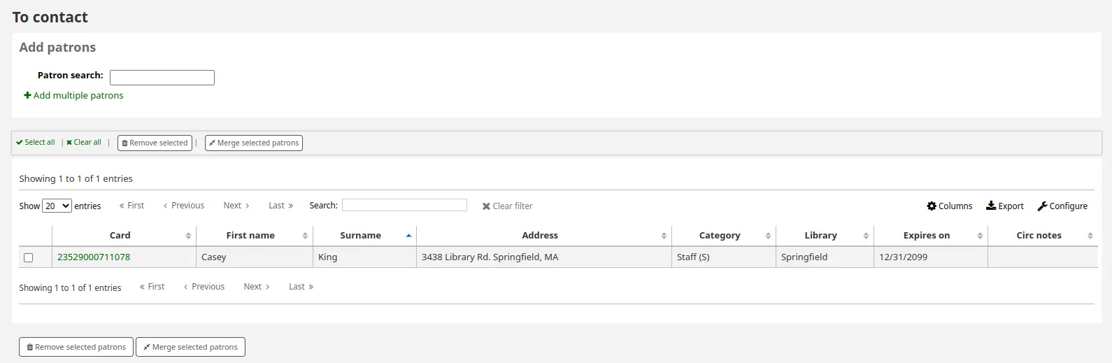 View of patrons in the list and search form to add new patrons to the list