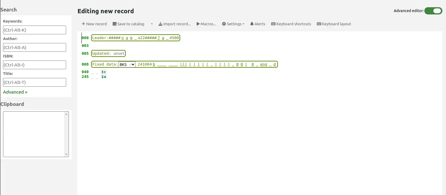Advanced cataloging editor screen