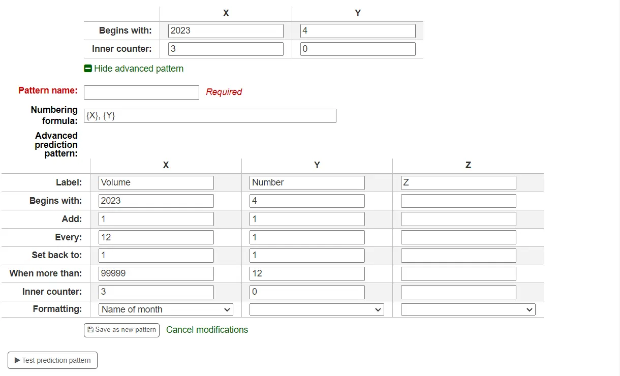Form to create a new numbering pattern from the subscription form