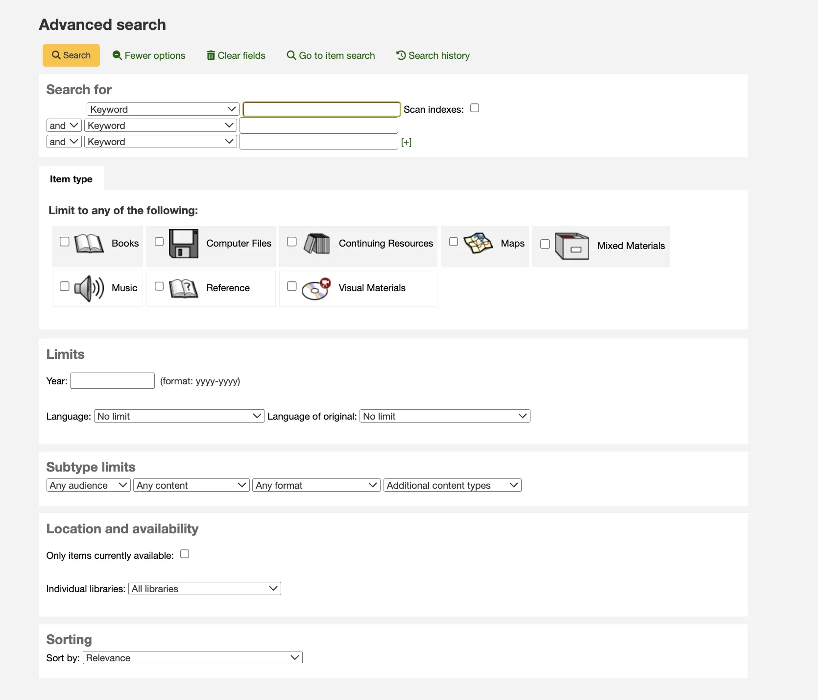 The advanced search form in the staff interface