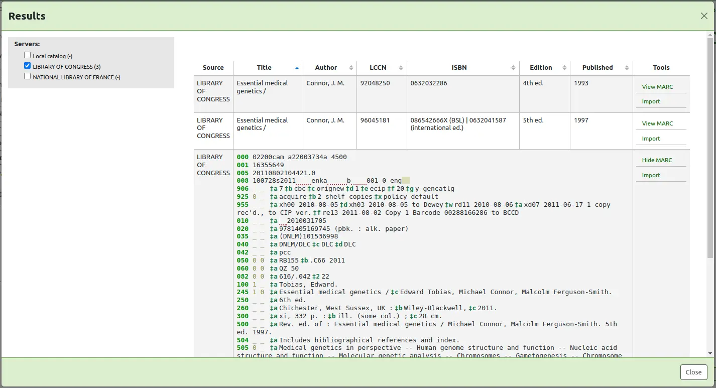 Advanced cataloging editor Z39.50 search results. The MARC record is shown for one of the results. For that result, the link 'View MARC' in the Tools column is now 'Hide MARC'.