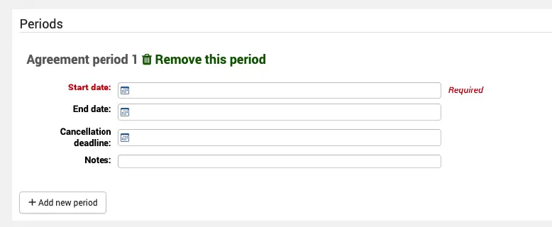 Form for a new agreement period.