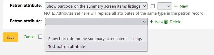 A new field for patron attributes is created in the batch patron modification form and the drop down selection of patron  attributes is shown