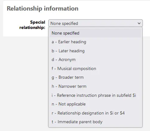 Dropdown menu for relationship information between authority records showing different relationship types