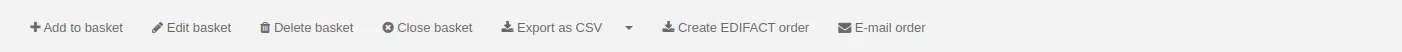 Buttons at the top of the basket page: Add to basket, Edit basket, Delete basket, Export as CSV, E-mail order