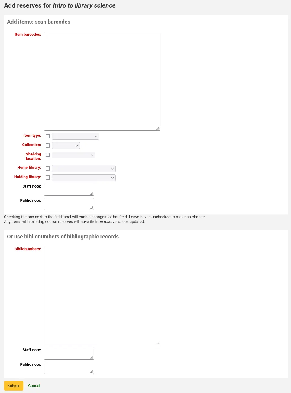 Screen to add several barcodes or biblionumbers to a course reserve