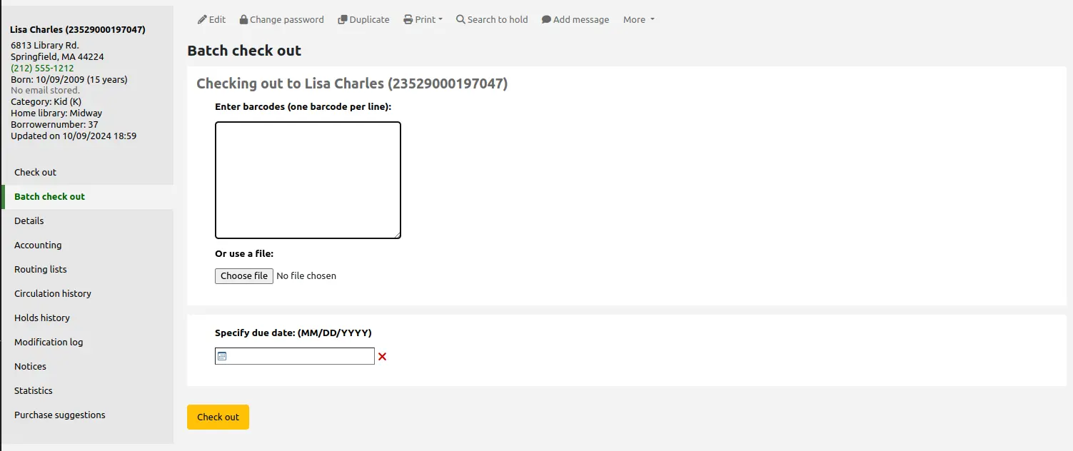 Batch checkout page in a patron file, there is an option to import a file, manually enter barcodes, and add a hard due date