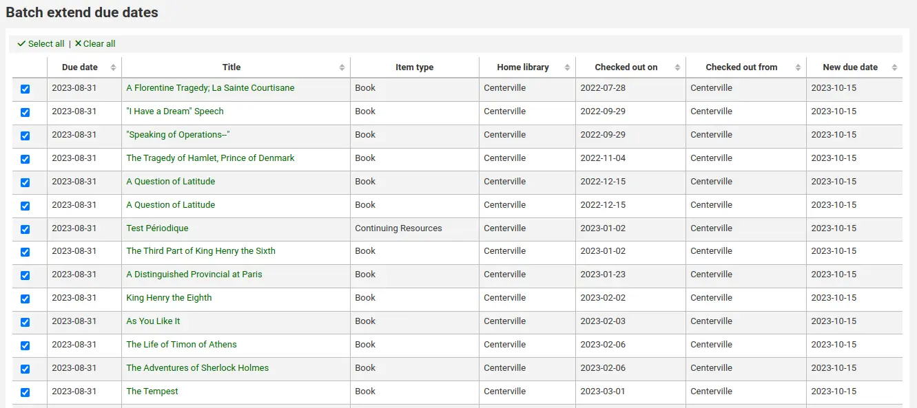 Batch extend due dates preview results page
