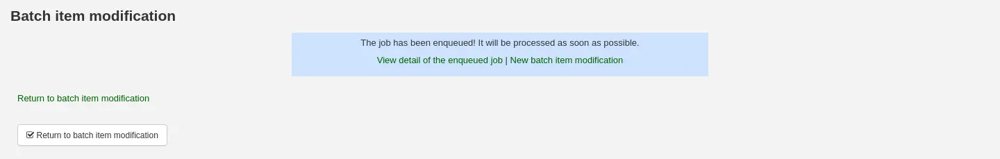 Message saying the job has been enqueued, with links to view the enqueued job or make a new batch item modification