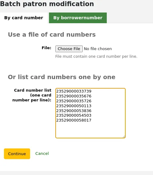 Batch patron modification form with field "Card number list" filled with seven card number entries