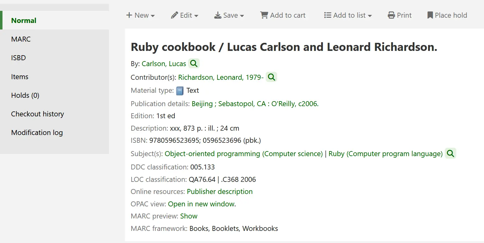Bibliographic record details page with the 'Normal' display tab selected showing some details of the record 'Ruby cookbook'