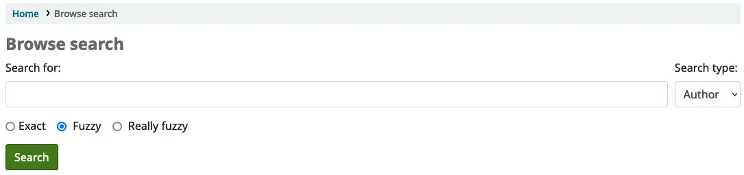 Browse search page on the Opac, with a search box and search options.