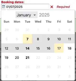 Booking dates calendar widget, with the start date of 7 January selected and the mouse hovering over the 17 January. 7 and 17 are highlighted with a yellow background; the dates in between with grey. 7, 14 and 21 January are in bold. Dates before 7 and after 21 are greyed out.
