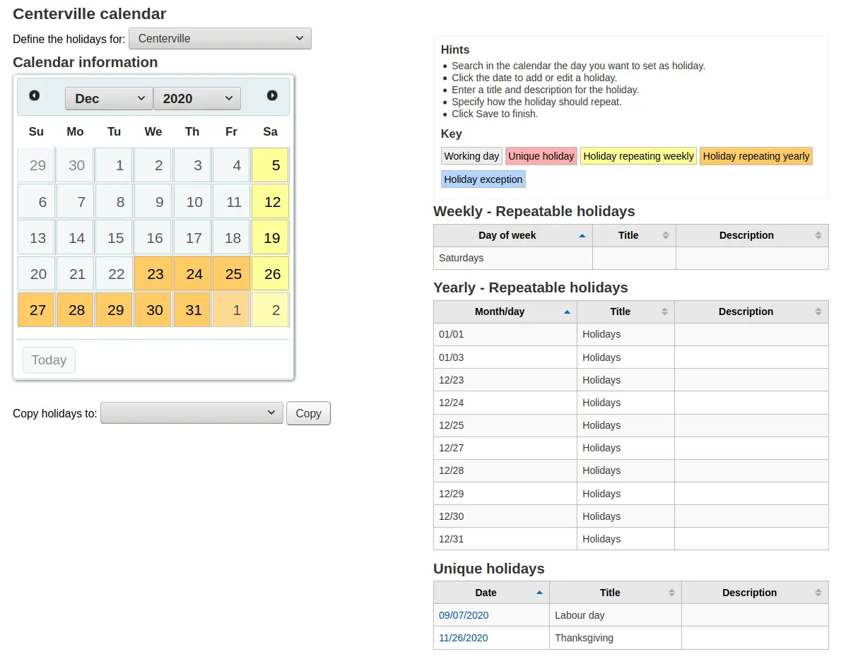 View of the calendar page showing the calendar and all the programmed holidays