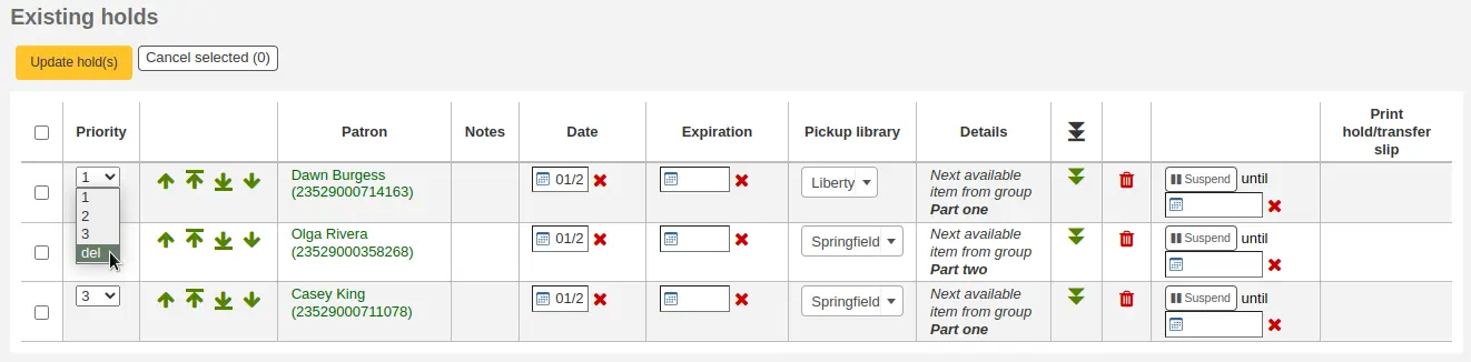 The list of existing holds on a record, the Priority drop-down is open and the mouse cursor is on the 'del' option.