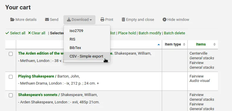 View of the cart with the 'Download' button open and "CSV - Simple export" is selected, other options are iso2709, RIS, and BibTex.