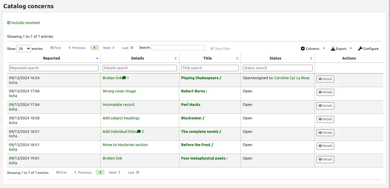 Catalog concerns report, showing the date, reporter's name, details, title of the concerned bibliographic record, and status, with a 'Details' button