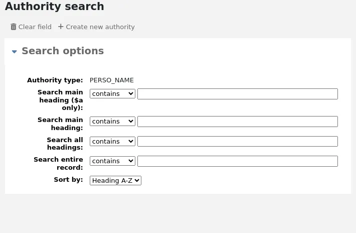 Authority search form in the cataloging module.