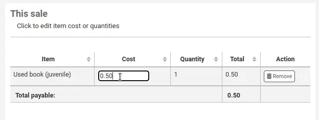 "This sale" section of the point of sale page, the mouse cursor is over the "Cost" field, which is editable.