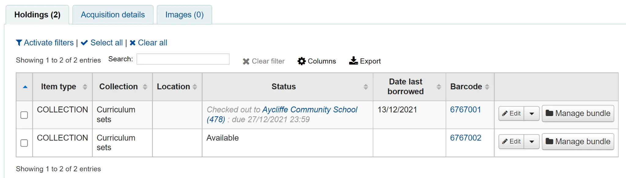 Holdings tab in a detailed record in the staff interface, the item is marked as checked out, with the name of the patron, their card number and the due date