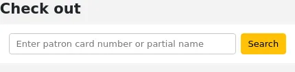Check out box in the circulation module. The text input asks for 'Enter patron card number or partial name'.