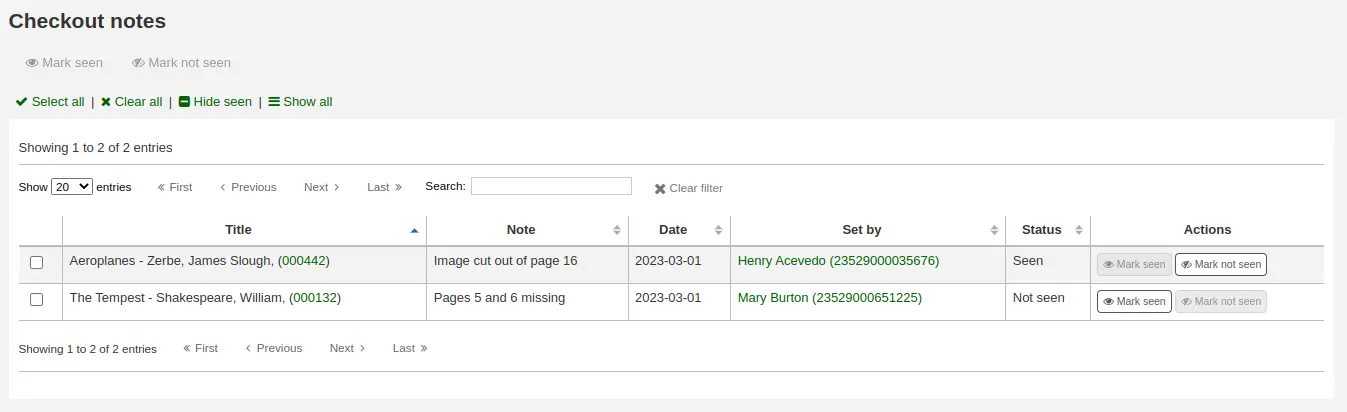 List of checkout notes submitted by patrons, next to each note are action buttons Mark seen and Mark not seen