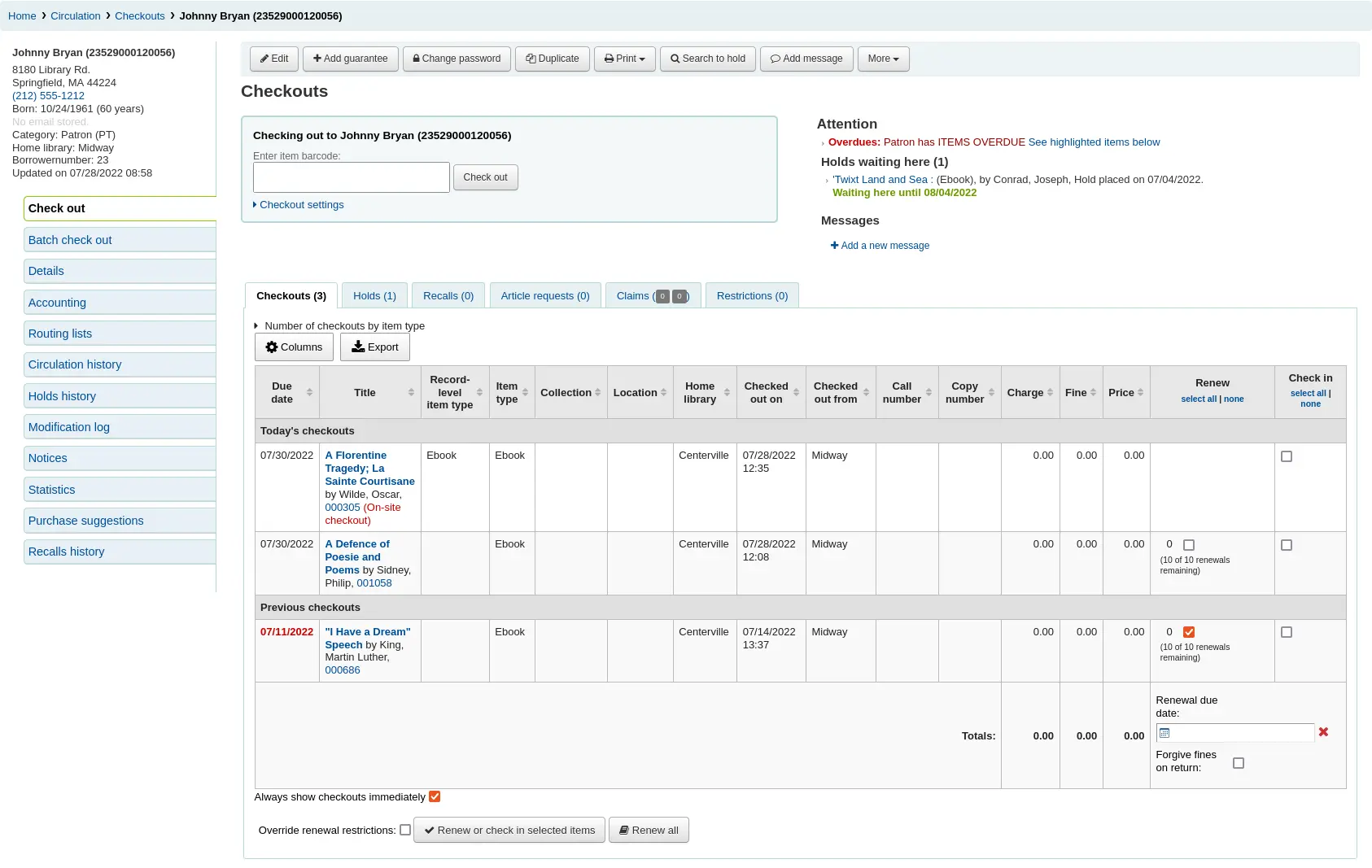 Check out tab of a patron file, current checkouts are displayed