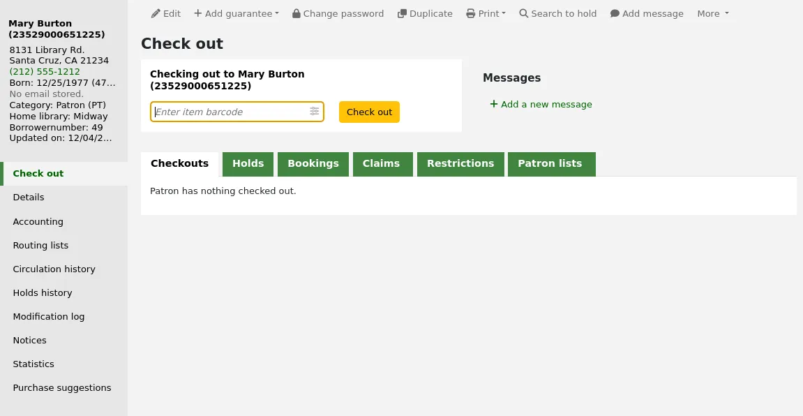 Check out tab of a patron file, current checkouts are hidden