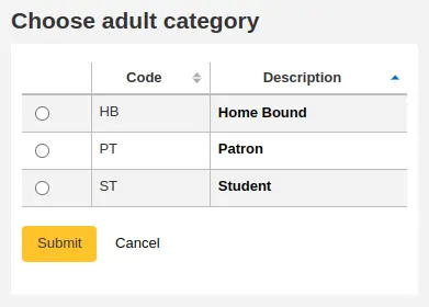 Table to choose an adult category
