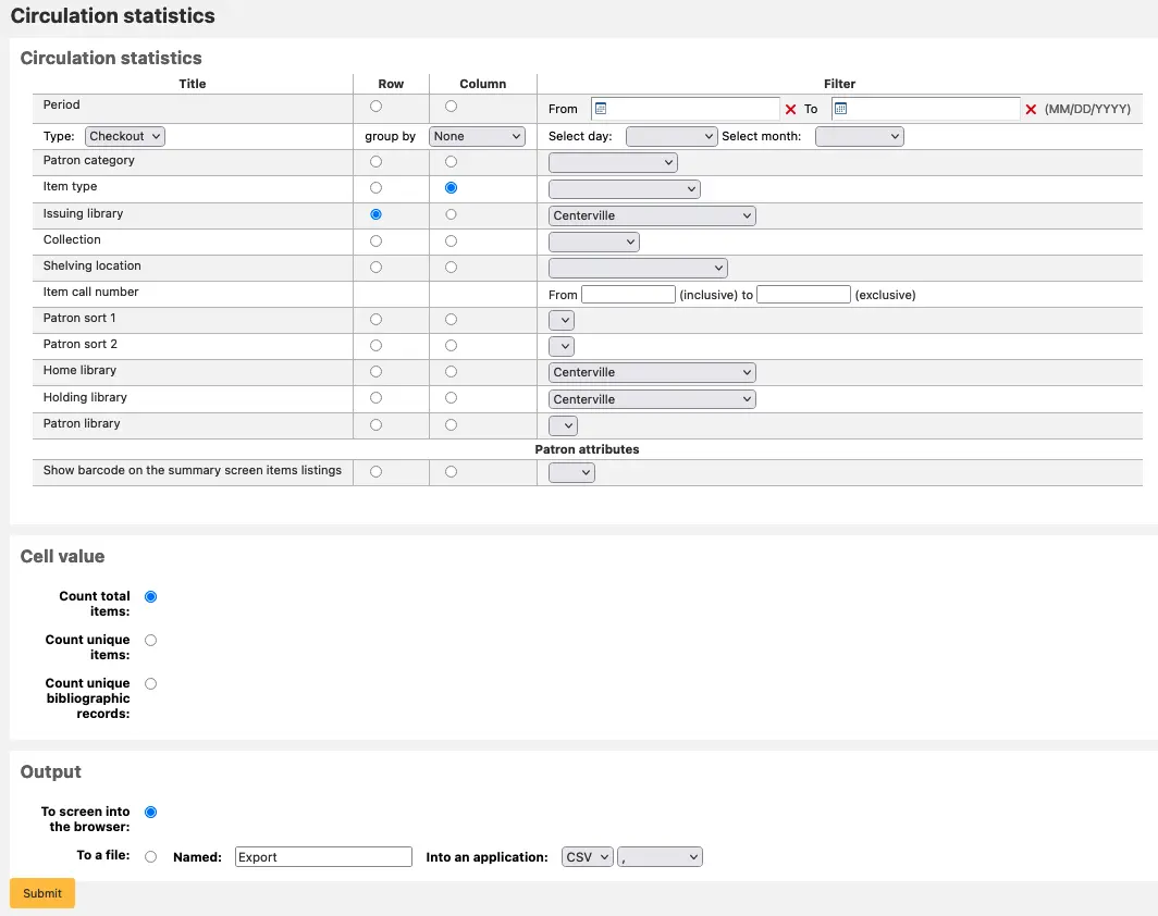 Circulation statistics reporting wizard, with options to select the report parameters
